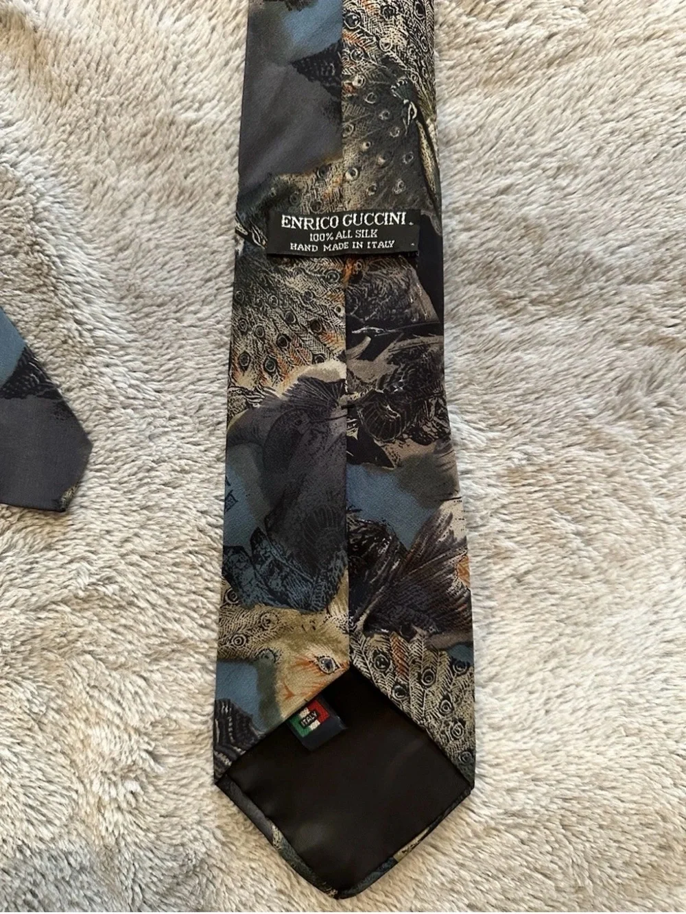Men's Enrico Guccini 100% Silk Peacock Patterned Tie Made In Italy Unique Formal